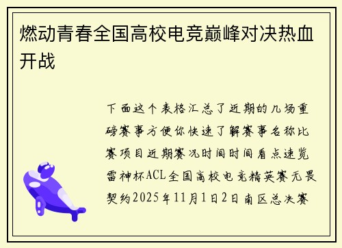 燃动青春全国高校电竞巅峰对决热血开战